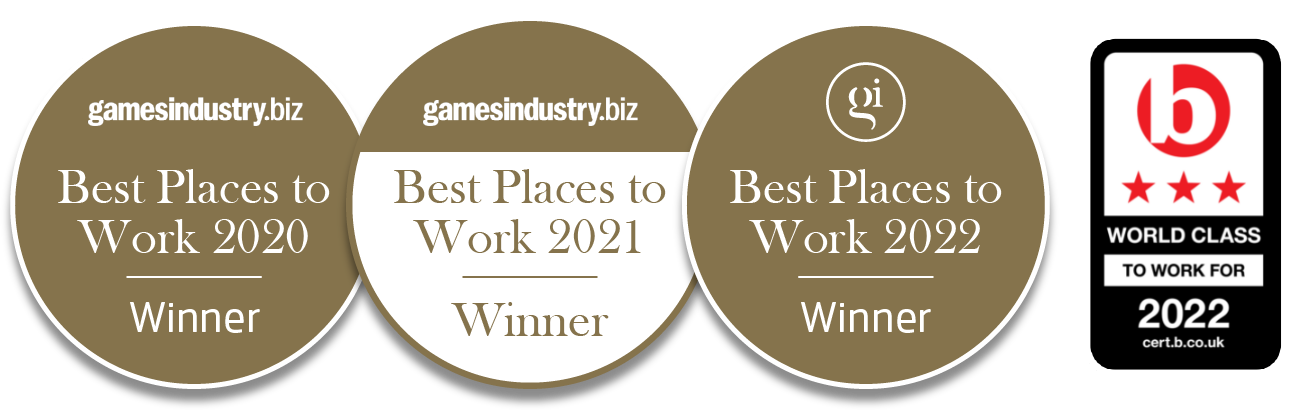 A collection of 3 logos, accrediting Lab42 as winners of the GamesIndustry.Biz Best Places to Work Award in 2020, 2021 and 2022